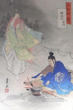  gekko art painting - blacksmith munechika helped by a fox spirit forging the blade little fox 1873 Ogata Gekko Ukiyo e